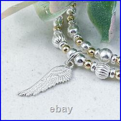 Dainty Sterling Silver and Gold Angel Wing Charm Stacking Stretch Bracelet Set