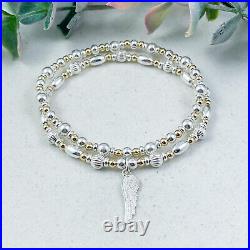 Dainty Sterling Silver and Gold Angel Wing Charm Stacking Stretch Bracelet Set