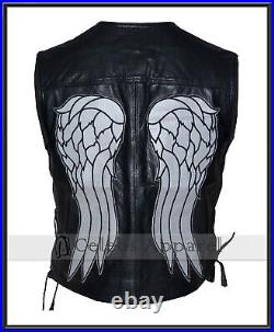 Daryl Dixon Angel Wings Biker Black Real Leather Vest Mens Motorcycle Jacket