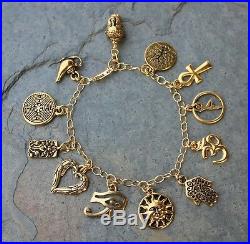 Deluxe Gold Ancient Religions Charm Bracelet -Buddha, Om, Hamsa hand, Angel wing