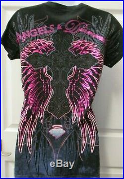 EUC Angels & Diamonds Top Large Black T-Shirt SS V-Neck Pink Wings Bling Cross