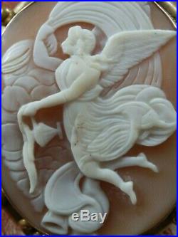 Fine Large Antique Winged Goddess Angel Shell Cameo Brooch Pin