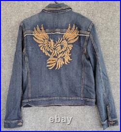 Fiorucci Authentic Blue Stretch Denim Embroidered Angel Wings Jean Jacket Sz L