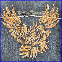 Fiorucci Authentic Blue Stretch Denim Embroidered Angel Wings Jean Jacket Sz L