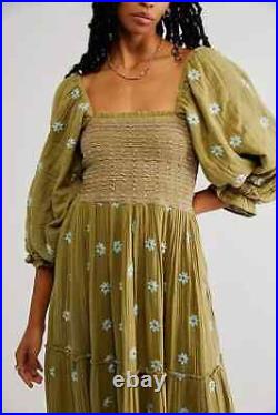 Free People Dahlia Embroidered Maxi Dress Floral Smocked Puffy Mosstone Combo L