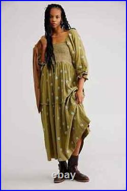 Free People Dahlia Embroidered Maxi Dress Floral Smocked Puffy Mosstone Combo L