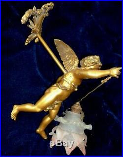 French Antique Gilded Sconce/ Chandelier Winged Angel Cherub Pink Rose Shade