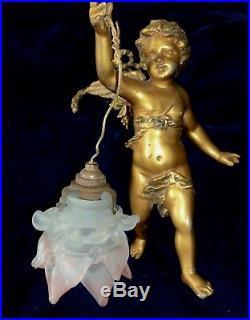 French Antique Painted Sconce/ Chandelier Winged Angel Cherub Pink Rose Shade