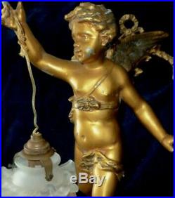 French Antique Painted Sconce/ Chandelier Winged Angel Cherub Pink Rose Shade