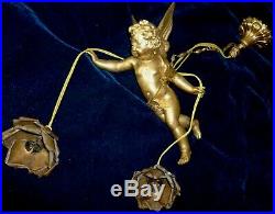 French Large Antique Chandelier Winged Angel Cherub with 2 Rose Shades