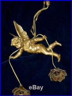 French Large Antique Chandelier Winged Angel Cherub with 2 Rose Shades