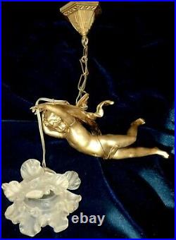 French RARE Large Antique Chandelier Winged Angel Cherub