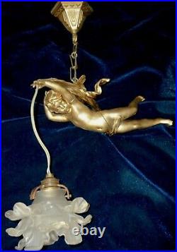 French RARE Large Antique Chandelier Winged Angel Cherub
