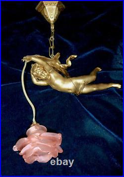French RARE Large Antique Chandelier Winged Angel Cherub with Pink Rose Shade
