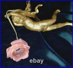 French RARE Large Antique Chandelier Winged Angel Cherub with Pink Rose Shade
