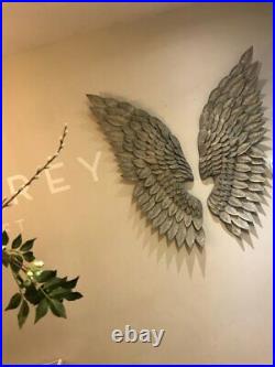 Gilt Metal Angel Wings Wall Art Feather Effect distressed finish grey and gold