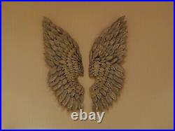 Gilt Metal Angel Wings Wall Art Feather Effect distressed finish grey and gold