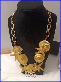 Gold Sea Shell Gilt Necklace Choker Faux-Pearl & Coral, Clam Oyster Snail Gilded