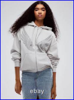 H & M Oversized printed zip-through hoodie(Light grey/Angel wings)