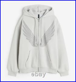 H & M Oversized printed zip-through hoodie(Light grey/Angel wings)