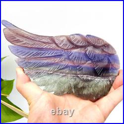 Hand carved large size natural quartz crystal angel wings rainbow with base