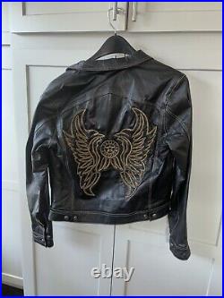 Harley Davidson Black Leather Jacket Large Gold Stitching Angel Wings- Women SM