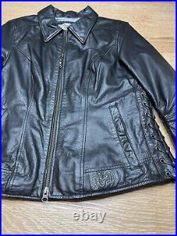 Harley-Davidson Jacket L Black Leather Embroidered Logo Angel Wings Lace Up EUC