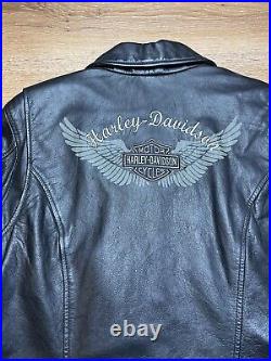 Harley-Davidson Jacket L Black Leather Embroidered Logo Angel Wings Lace Up EUC