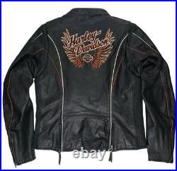 Harley Davidson Juneau Womens Large Big Logo Wings TriColor Black Leather Jacket