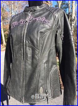 Harley-Davidson NIGHT ANGEL Black Leather Jacket Women's Large Wings Pink