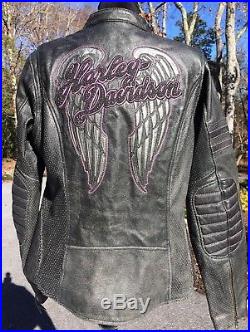 Harley-Davidson NIGHT ANGEL Black Leather Jacket Women's Large Wings Pink