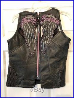 Harley Davidson Night Angel Black Leather Vest Top Bling WINGS Medium/Large