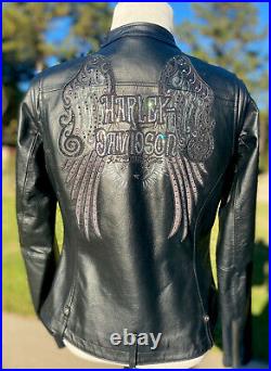 Harley Davidson Women SHADOW VALLEY Black Leather Jacket Large BLING Angel Wings