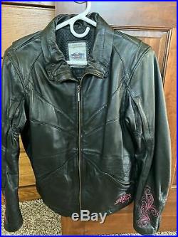 Harley Davidson Women's Leather Bling Black/pink Riding Jacket Large