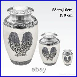 Ivory & Silver Metal Angel Wings Feather Urn, Human Pet Ashes Cremation Keepsake