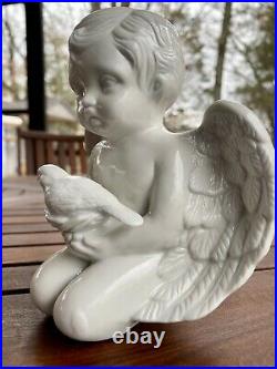 Ivory White Porcelain Ceramic Kneeling Cherub Dove On Nest Large Angel Wings
