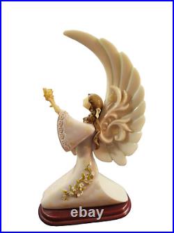 Kneeling Angel Carved Resin Figurine Wood Base Vintage Large Wings Floral Accent
