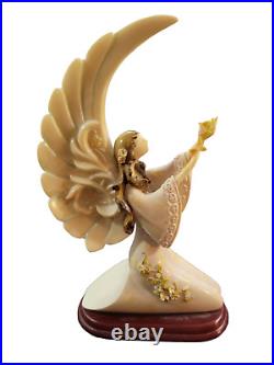 Kneeling Angel Carved Resin Figurine Wood Base Vintage Large Wings Floral Accent