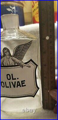 LARGE Apothecary Angelic Baked Enamel Winged Angel Ol. Olivae 12 Sided 1800-1850