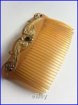 LARGE Art Nouveau Hair Comb Golden Angel Wings Amethyst Paste 1900s Edwardian