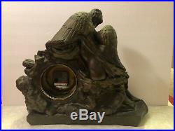 LARGE DARK BRASS TONE RESIN NUDE WOMAN WINGED ANGEL With SHEILD MANTLE CLOCK 16 H