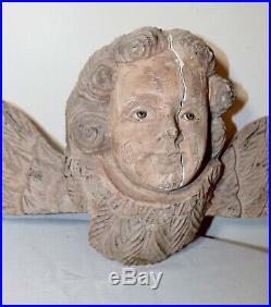 LARGE vintage hand carved wood glass eye winged cherub angel wall sculpture
