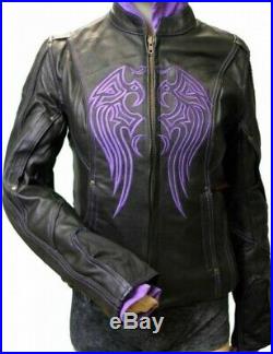 Ladies BLACK Leather JACKET PurpleBlackPink EMBROIDERED Angel WING s/o HOODIE