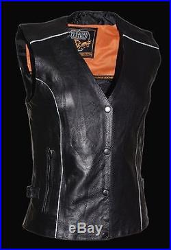 Ladies Black Inlay Angel Wings Black Leather Motorcycle Vest with Rivet Detail