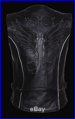 Ladies Black Inlay Angel Wings Black Leather Motorcycle Vest with Rivet Detail
