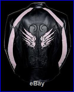 Ladies Pink Inlay Angel Wings Black Leather Motorcycle Jacket with Rivet Detailing