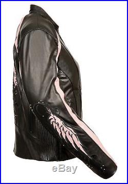 Ladies Pink Inlay Angel Wings Black Leather Motorcycle Jacket with Rivet Detailing