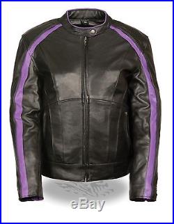 Ladies Purple Inlay Angel Wings Black Leather Motorcycle Jacket with Rivet Detail