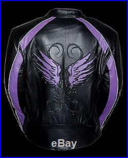 Ladies Purple Inlay Angel Wings Black Leather Motorcycle Jacket with Rivet Detail