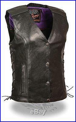 Ladies Purple Inlay Angel Wings Black Leather Motorcycle Vest with Rivet Detail